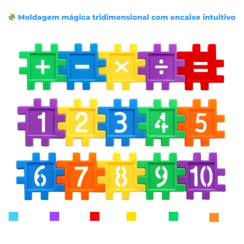 Blocos Montessori coloridos de n&uacute;meros e sinais matem&aacute;ticos em formato de cubos encaix&aacute;veis.